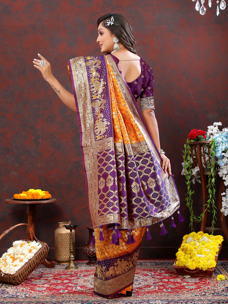 Mustard Classic Meenakari Bandhani Silk Saree