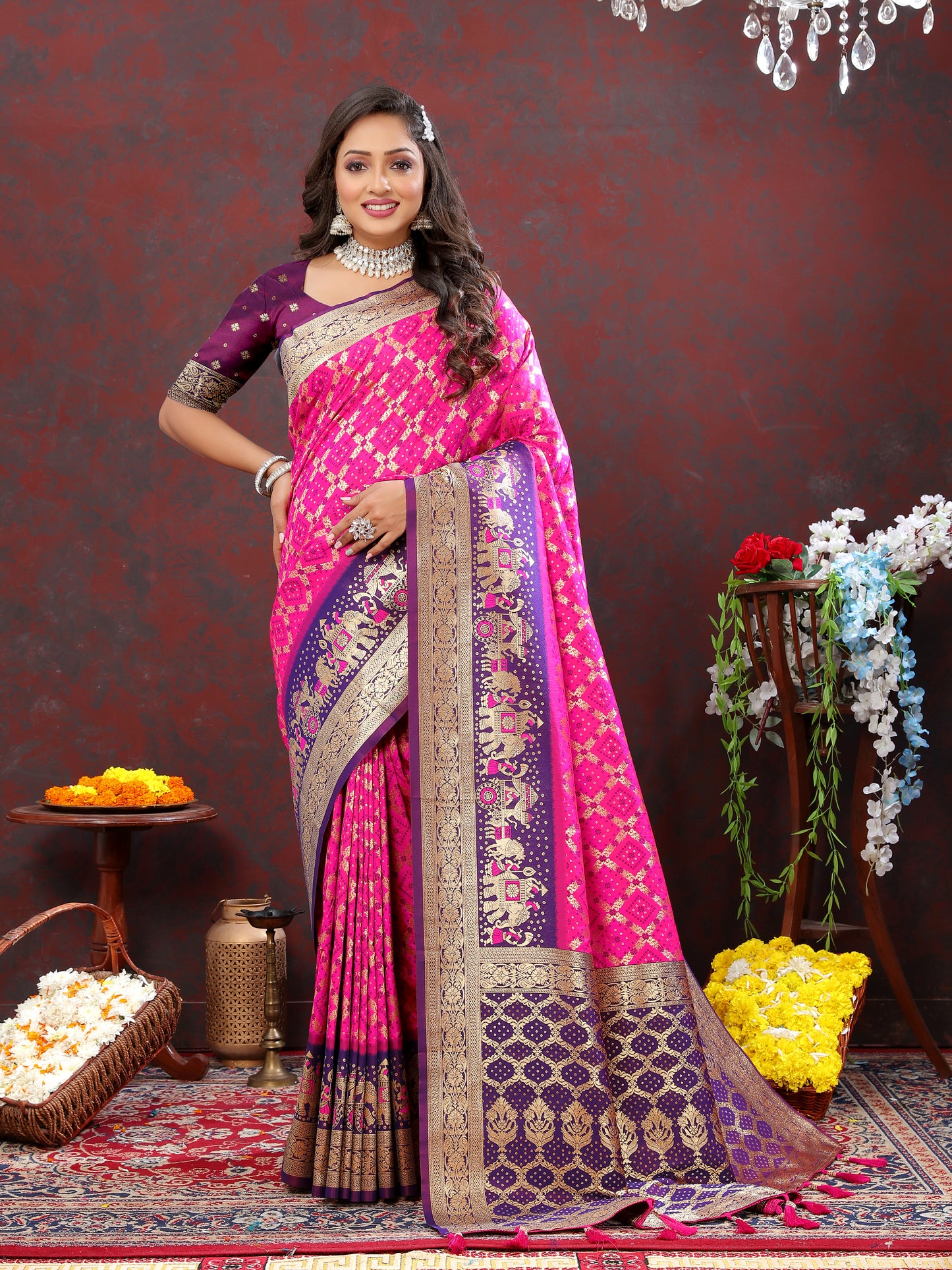 Pink Classic Meenakari Bandhani Silk Saree