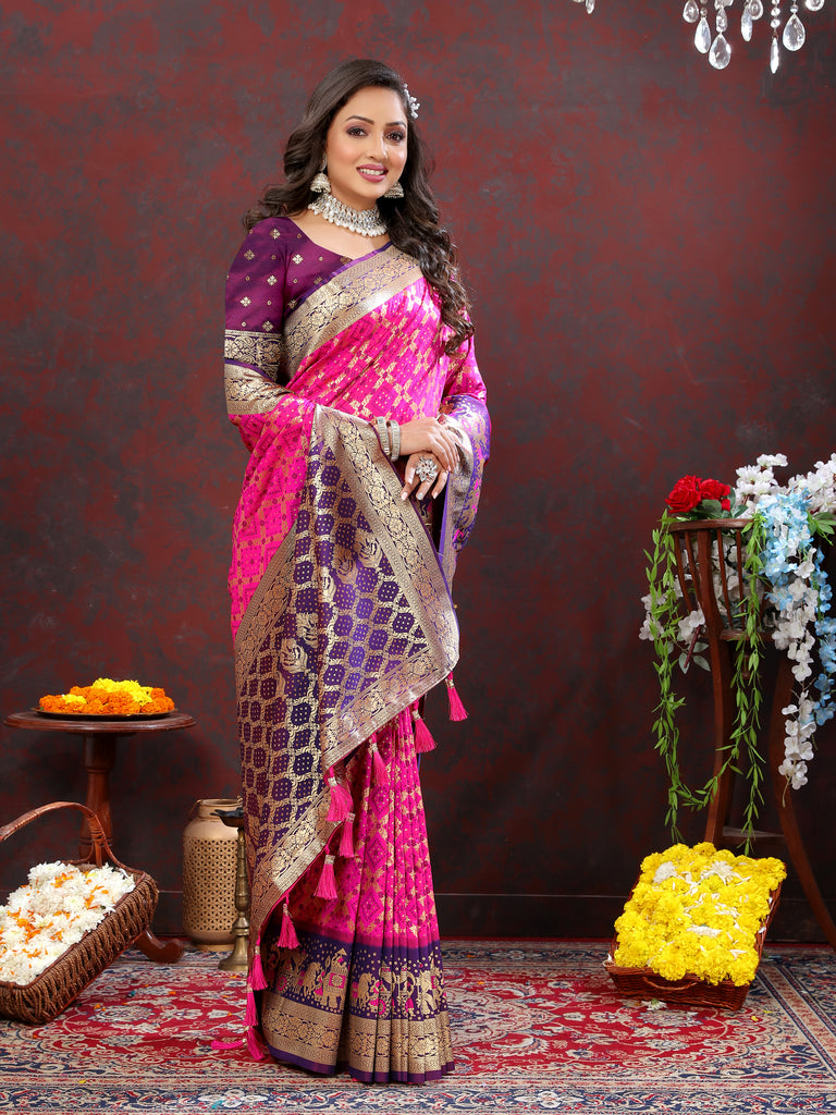 Pink Classic Meenakari Bandhani Silk Saree