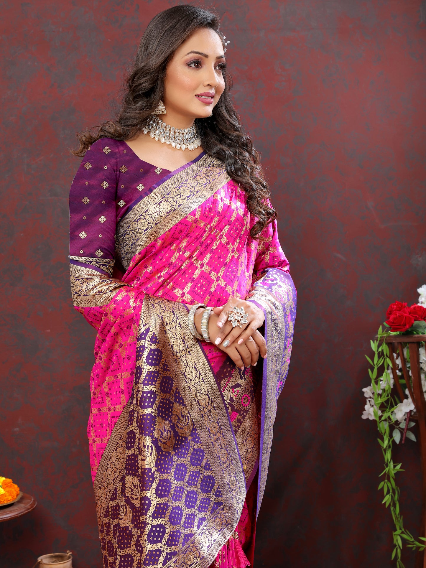 Pink Classic Meenakari Bandhani Silk Saree
