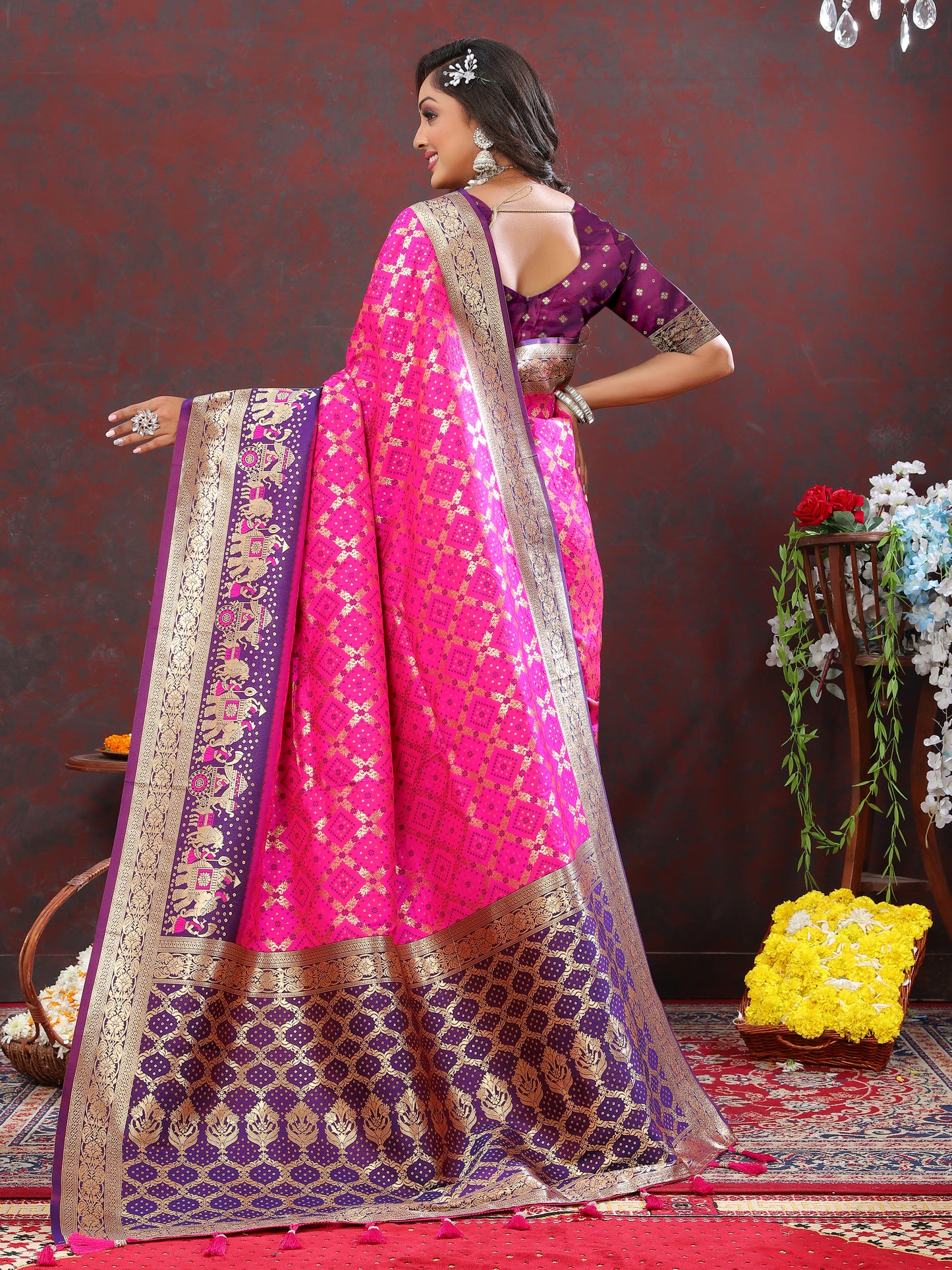 Pink Classic Meenakari Bandhani Silk Saree