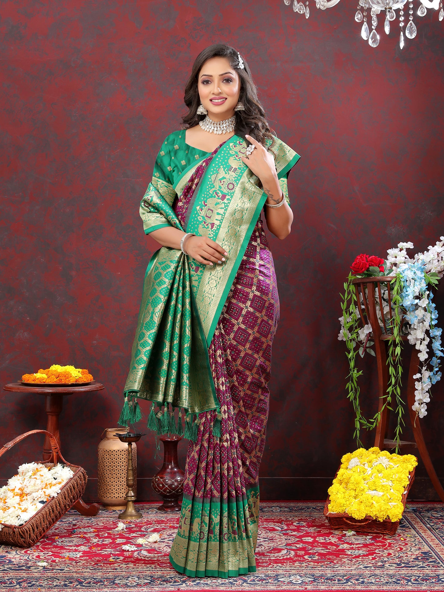 Maroon Classic Meenakari Bandhani Silk Saree
