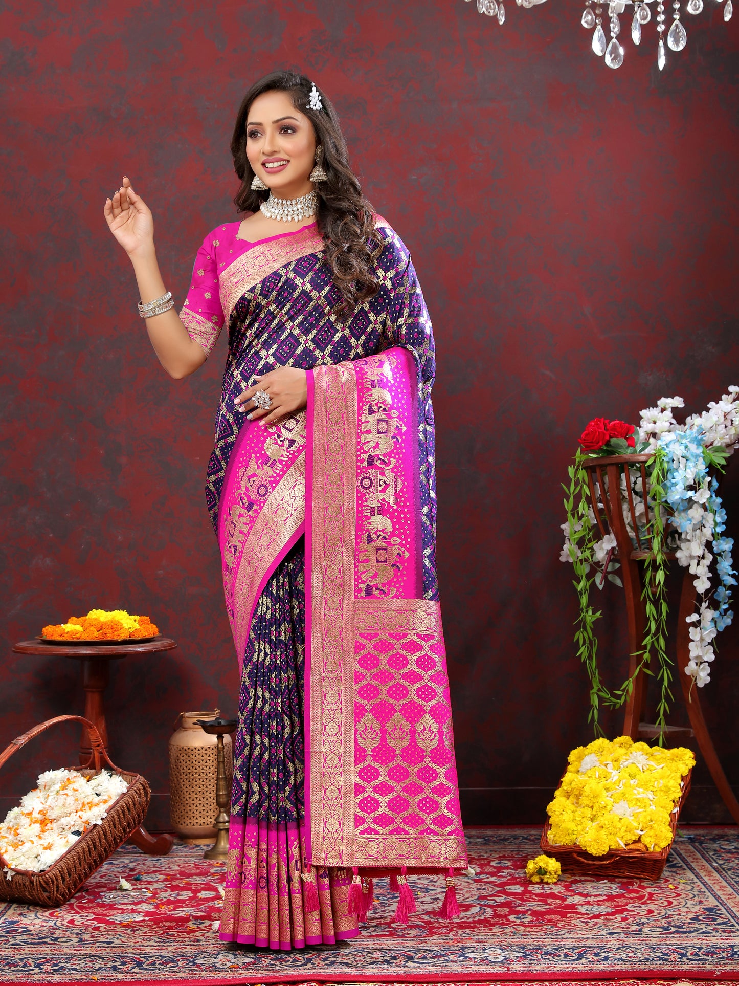Purple Classic Meenakari Bandhani Silk Saree
