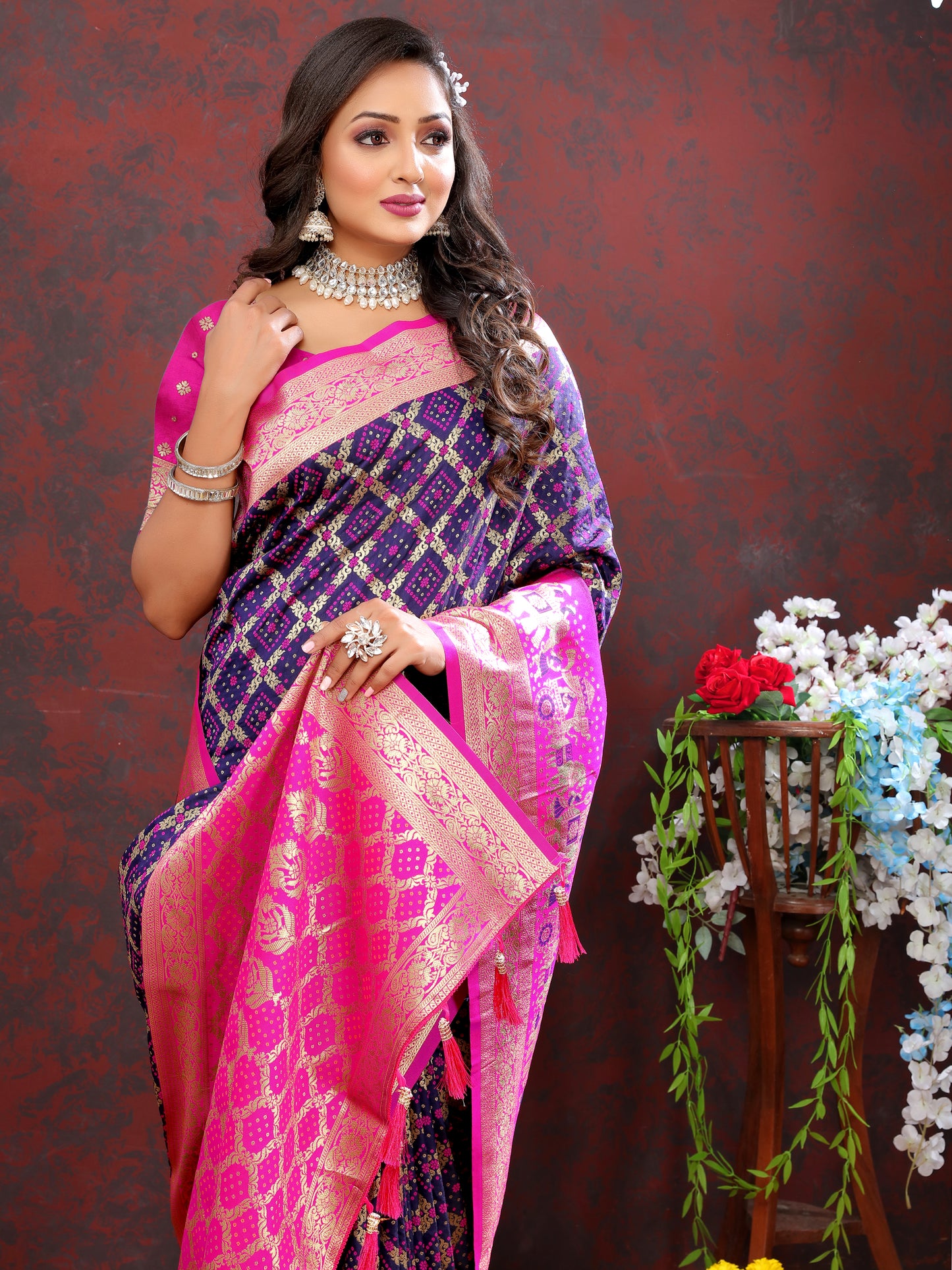 Purple Classic Meenakari Bandhani Silk Saree