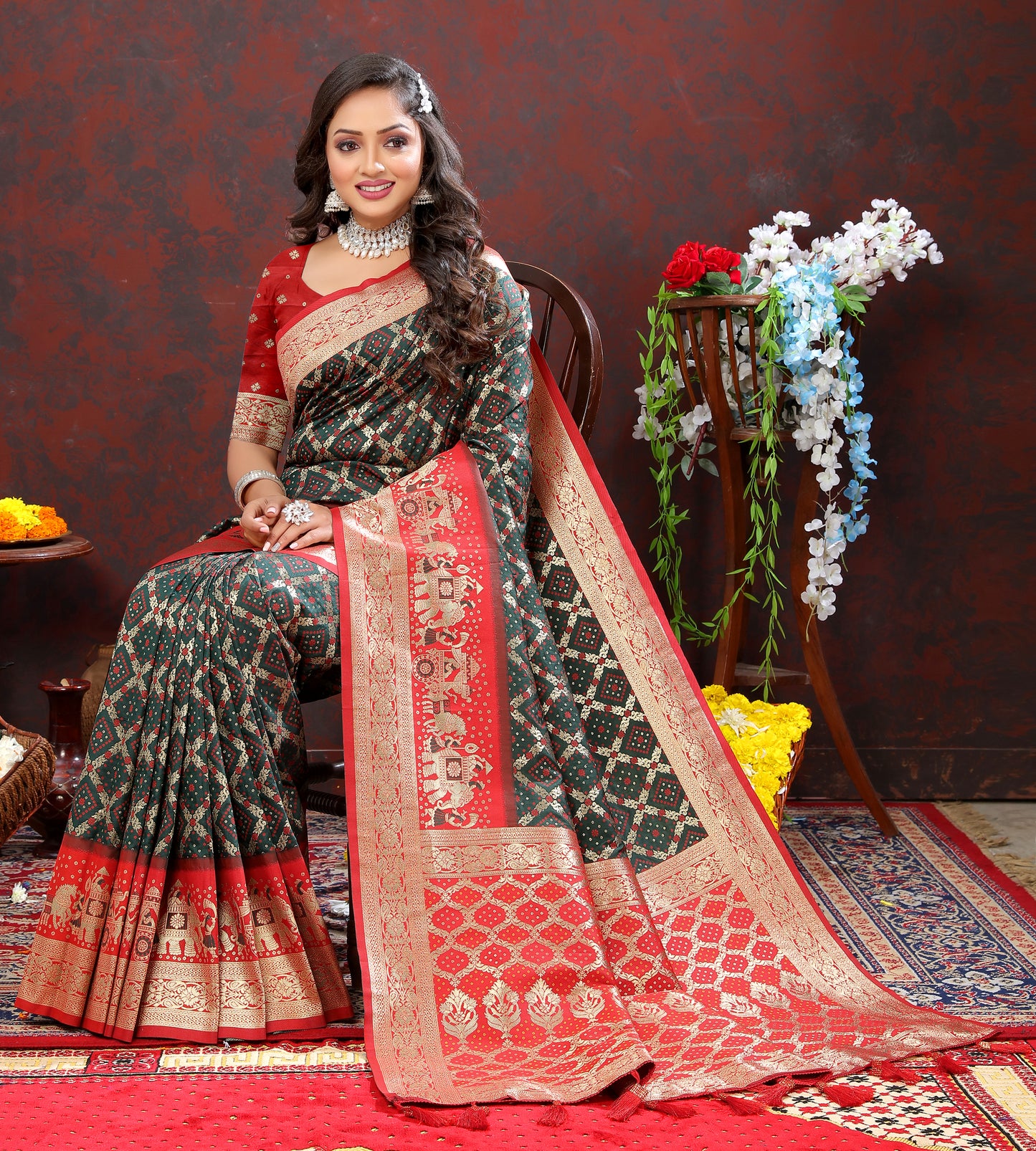 Green Classic Meenakari Bandhani Silk Saree