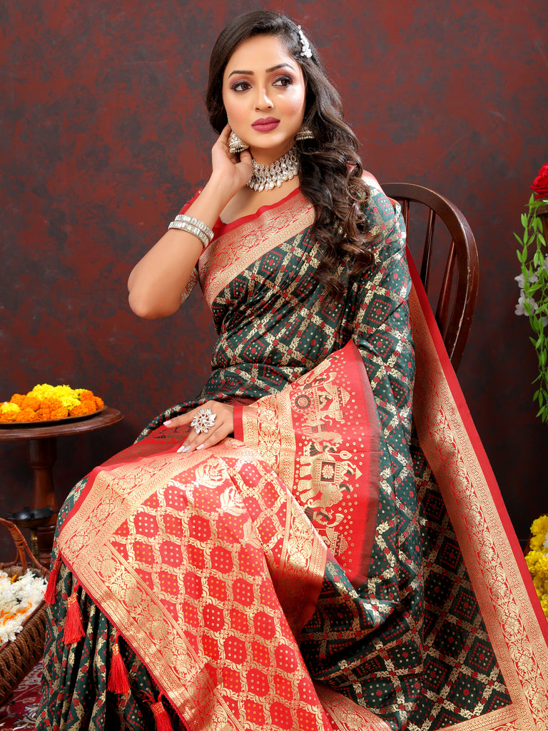 Green Classic Meenakari Bandhani Silk Saree