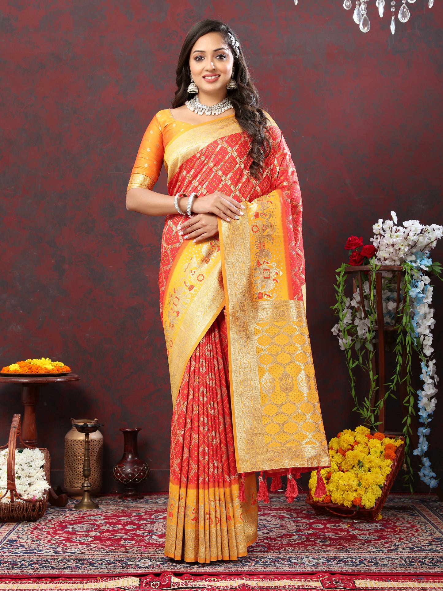 Orange Classic Meenakari Bandhani Silk Saree