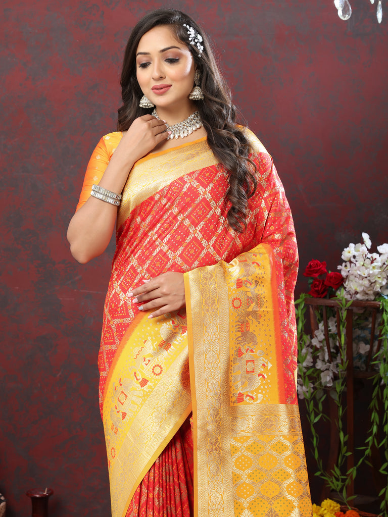 Orange Classic Meenakari Bandhani Silk Saree