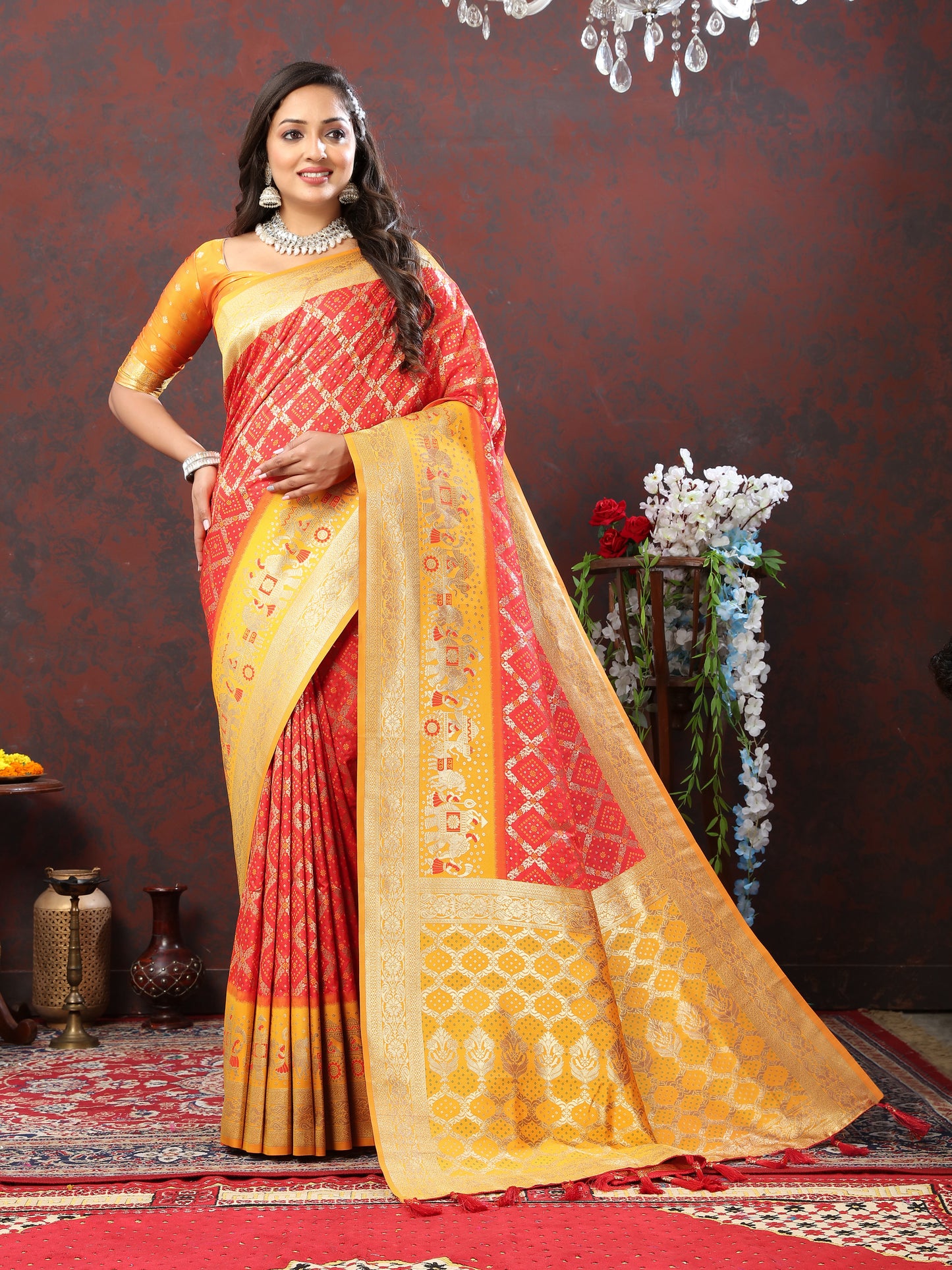 Orange Classic Meenakari Bandhani Silk Saree