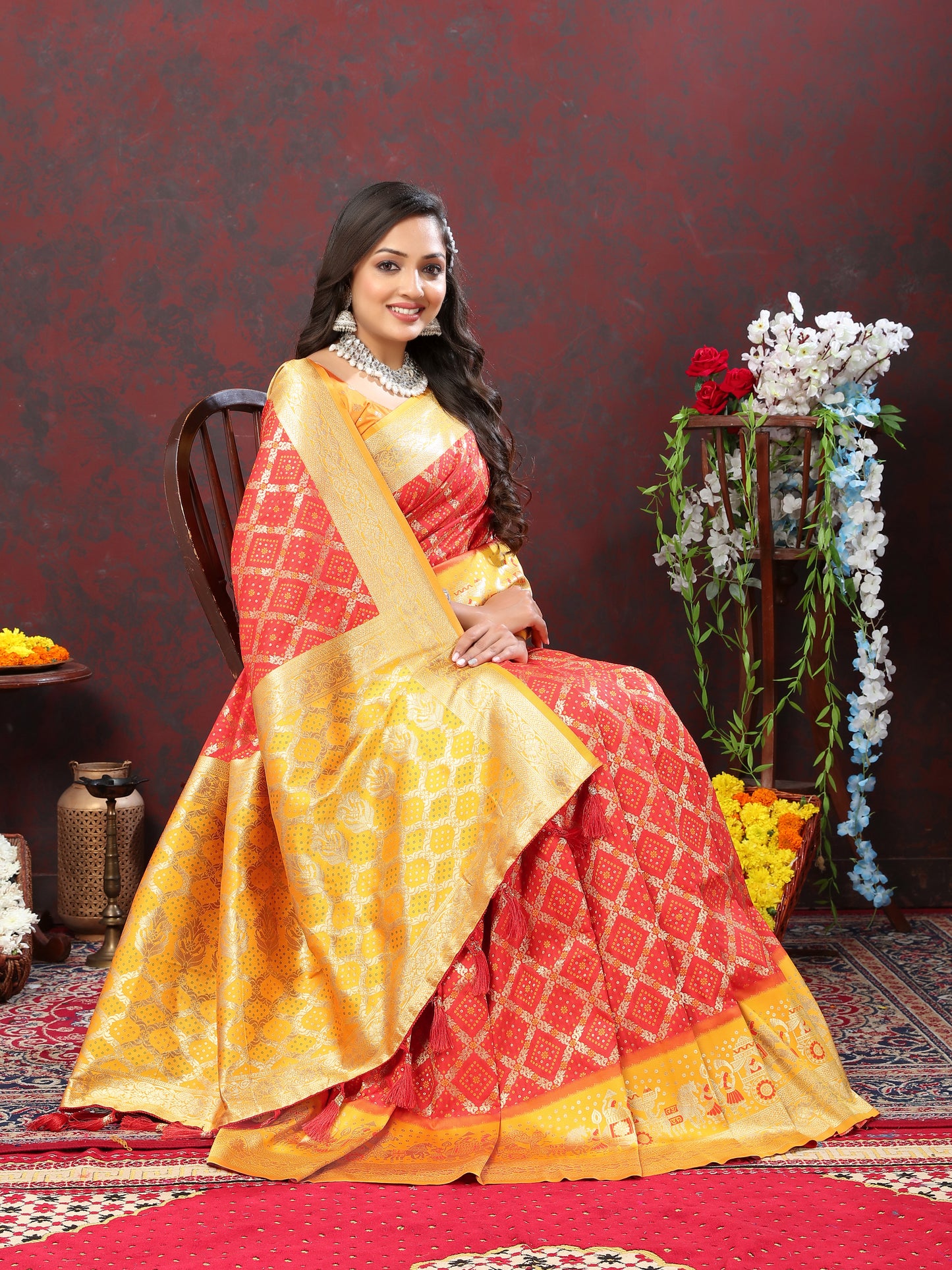 Orange Classic Meenakari Bandhani Silk Saree