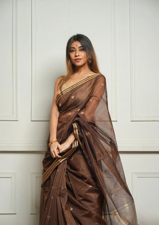 Brown Rich Pure Linen Cotton Silk Saree With Blouse Piece
