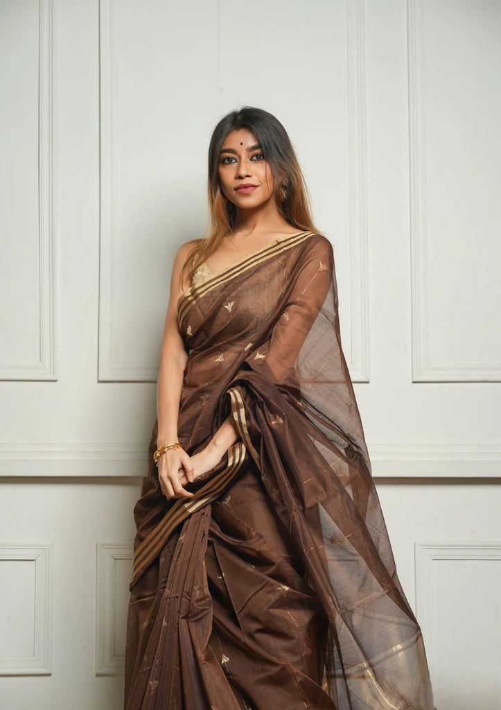 Brown Rich Pure Linen Cotton Silk Saree With Blouse Piece