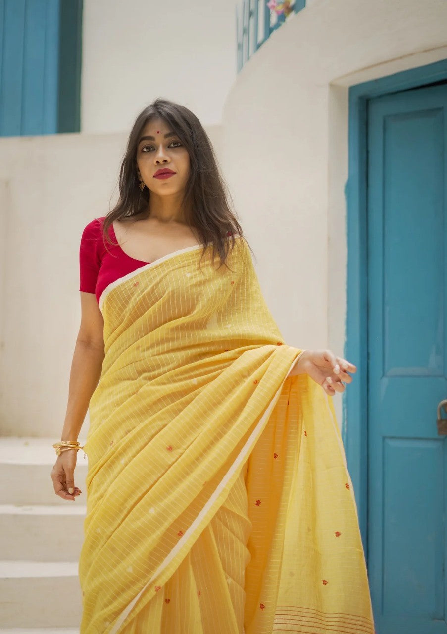 Yellow Soft Cotton Silk Saree With Blouse Piece