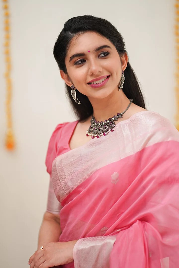 Baby Pink Pure Soft Linen Cotton Silk Saree With Blouse Piece