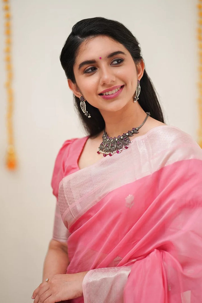 Baby Pink Pure Soft Linen Cotton Silk Saree With Blouse Piece