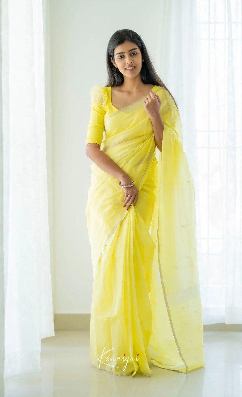 Yellow Pure Linen Cotton Silk Saree With Blouse Piece