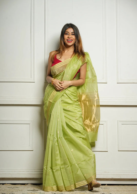 Pista Rich Pure Linen Cotton Silk Saree With Blouse Piece
