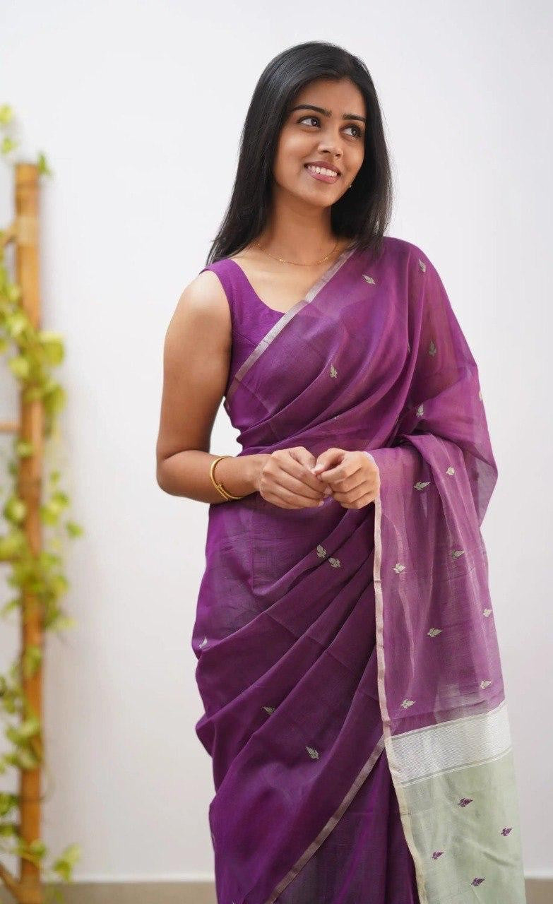 Wine Pure Linen Cotton Silk Saree With Blouse Piece