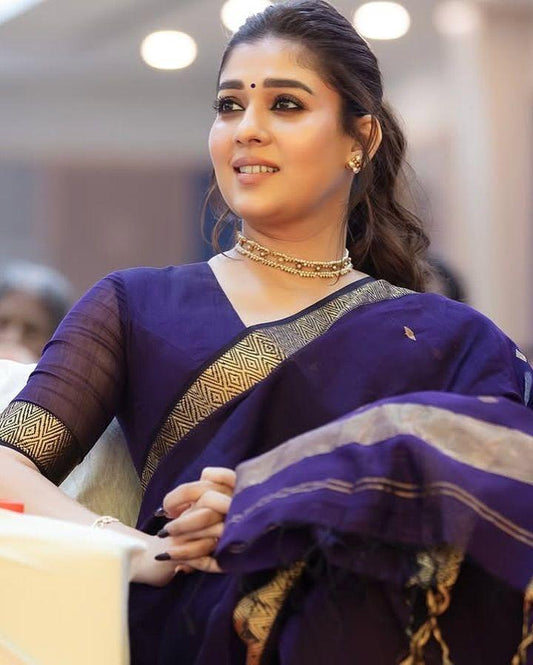 Nayanthara New Purple Soft Linen Cotton Silk Saree With Blouse Piece