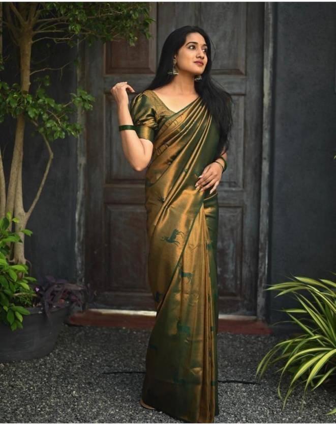 Kuberapattu Dark Green Haran Print Kanjivaram Silk Jacquard Saree