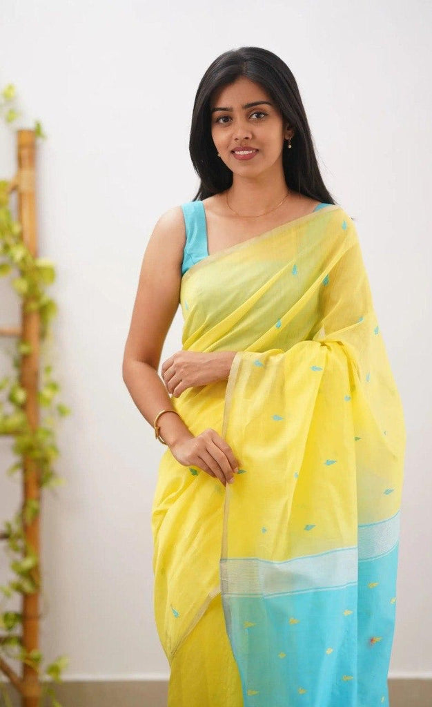 Yellow Sky Pure Linen Cotton Silk Saree With Blouse Piece