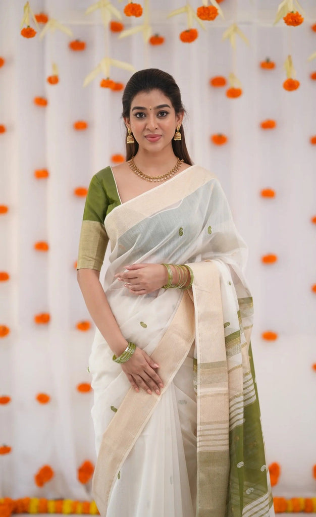 Cream X Green Pure Linen Cotton Silk Saree With Blouse Piece