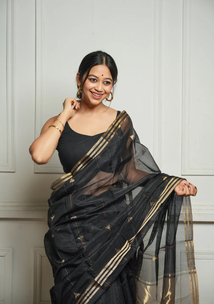 Black Rich Pure Linen Cotton Silk Saree With Blouse Piece