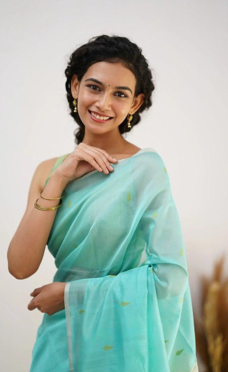 Sky Blue Pure Soft Linen Cotton Silk Saree With Blouse Piece