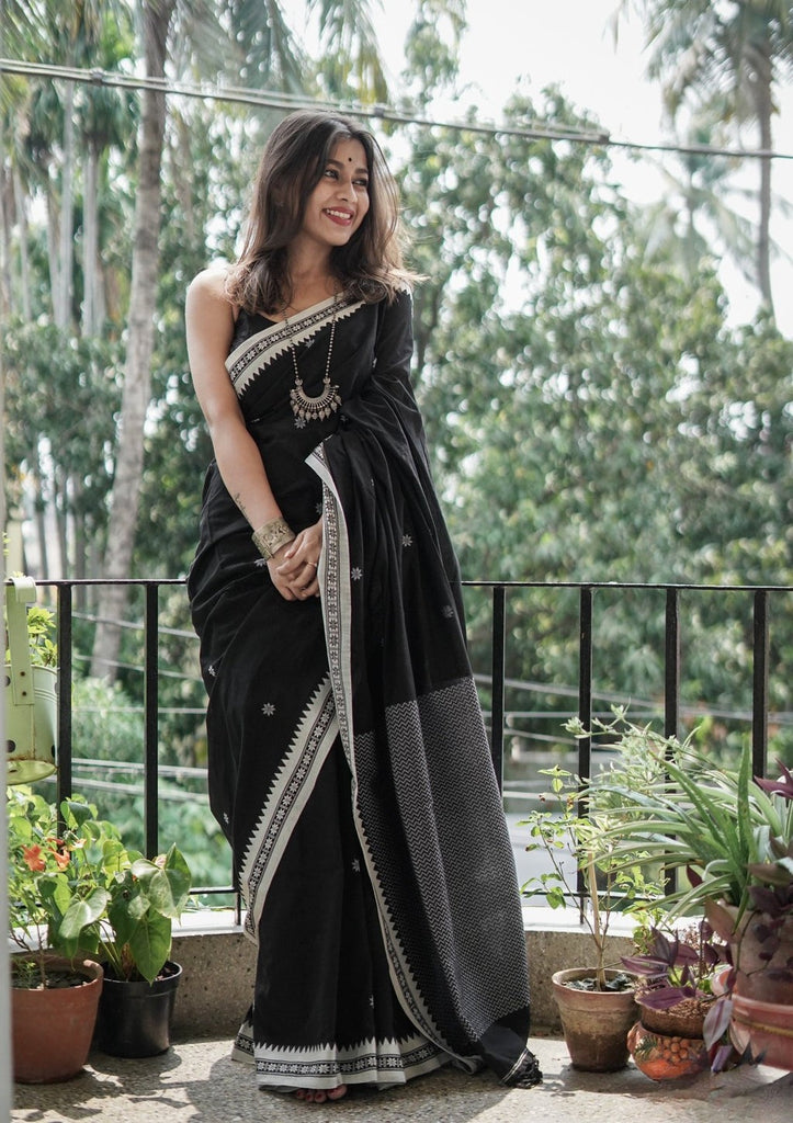 Black & White Soft Cotton Silk Saree With Blouse Piece