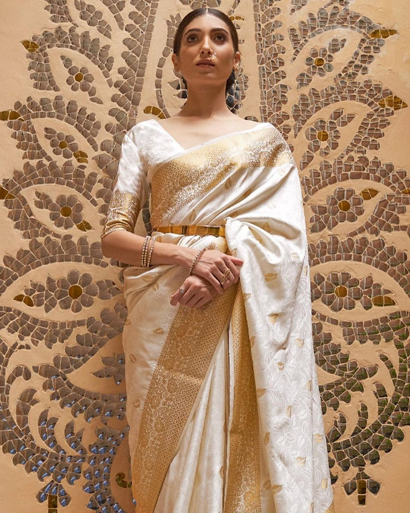 Aaradhana White Patti Pure Kajivaram Kasavu Cotton Silk Saree