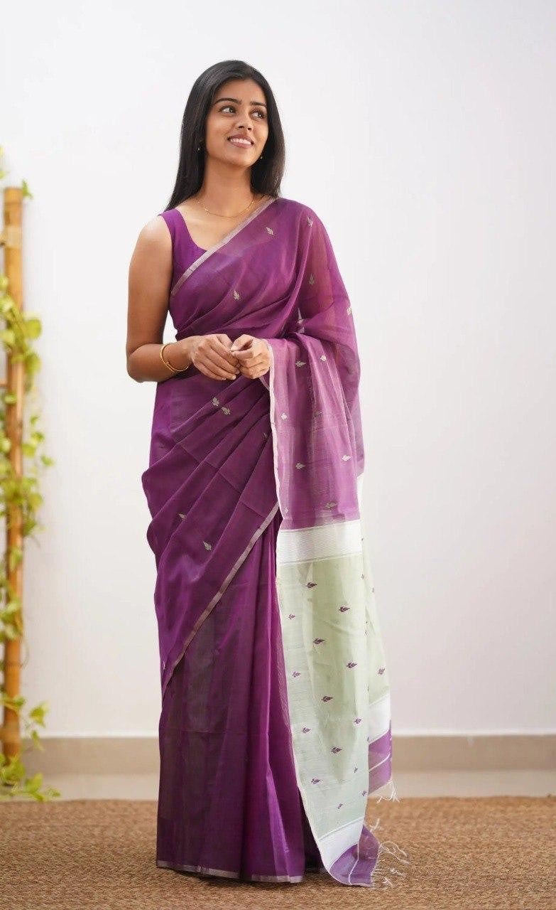 Wine Pure Linen Cotton Silk Saree With Blouse Piece