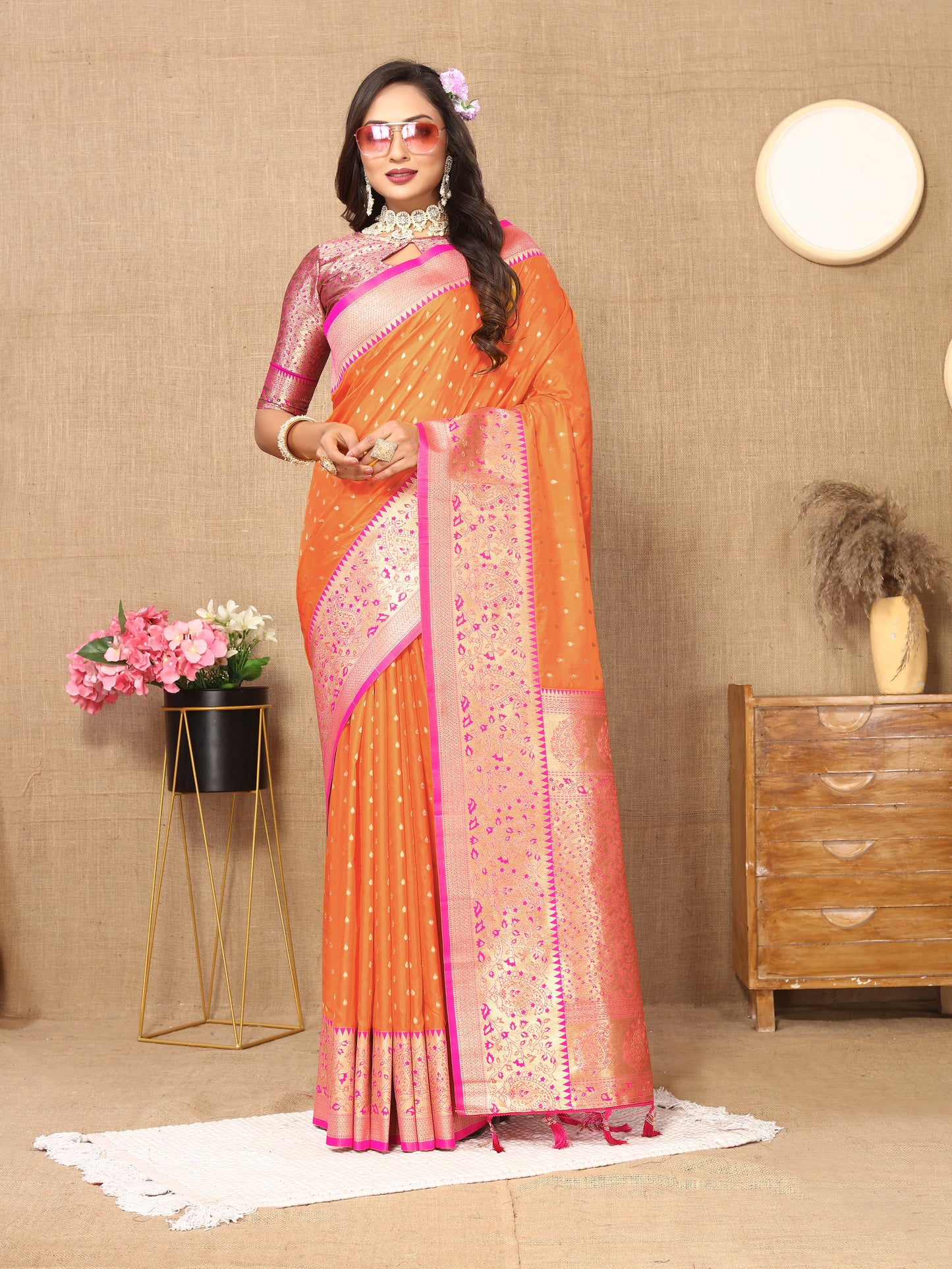 Orange Soft Silk Zari Motifs Saree With Brocade Blouse Piece