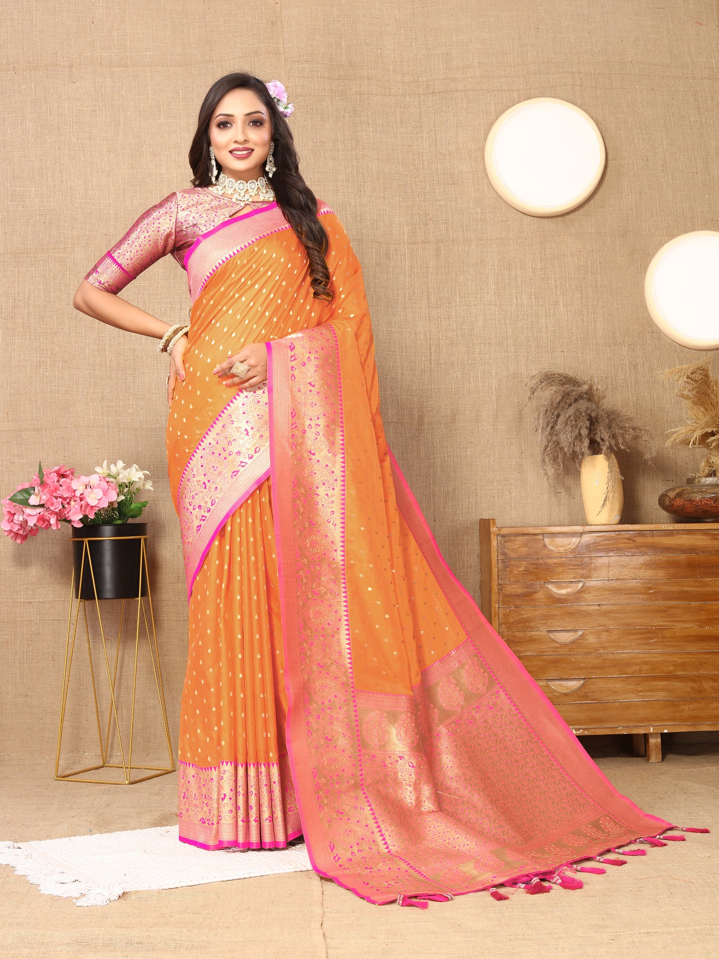 Orange Soft Silk Zari Motifs Saree With Brocade Blouse Piece