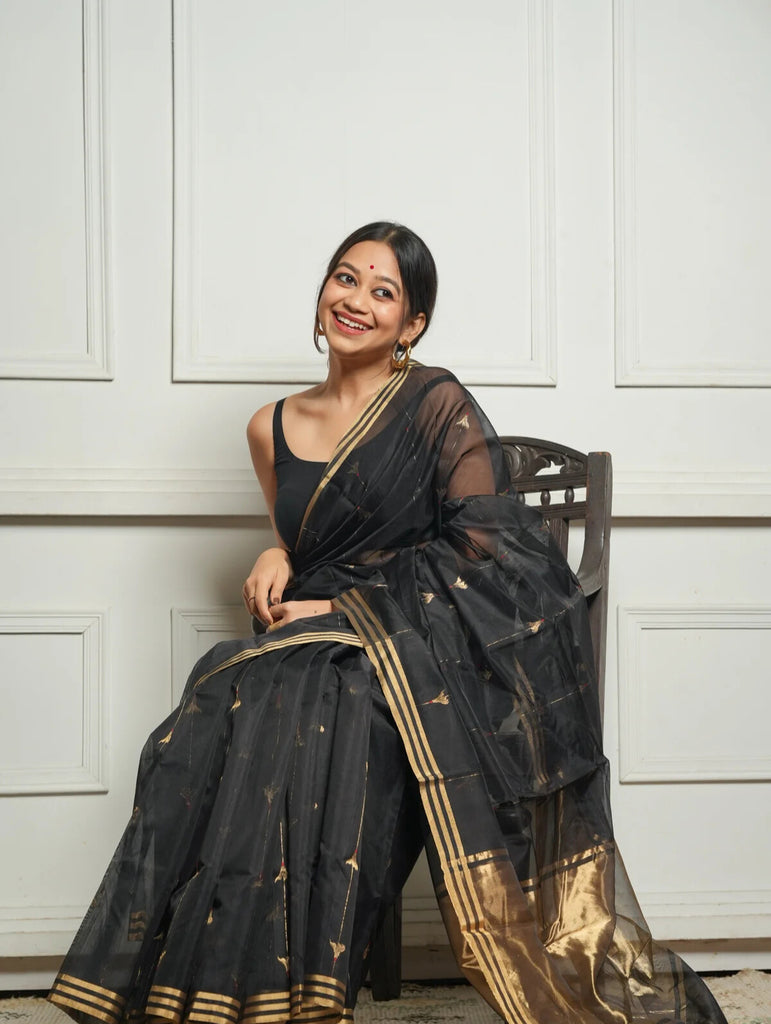Black Rich Pure Linen Cotton Silk Saree With Blouse Piece
