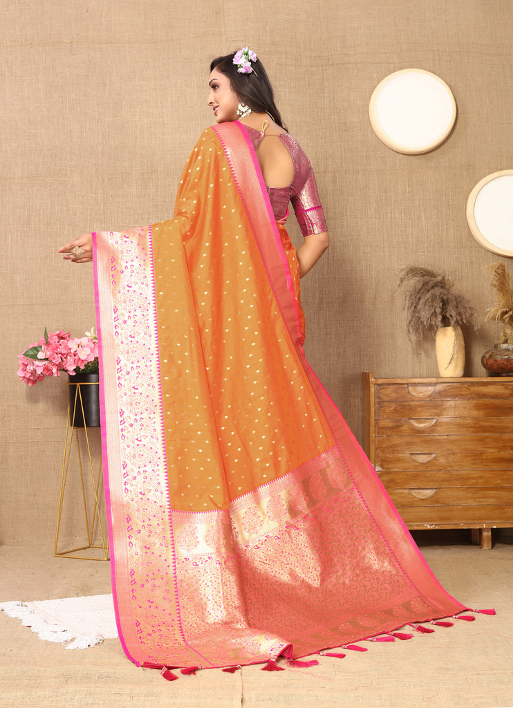 Orange Soft Silk Zari Motifs Saree With Brocade Blouse Piece