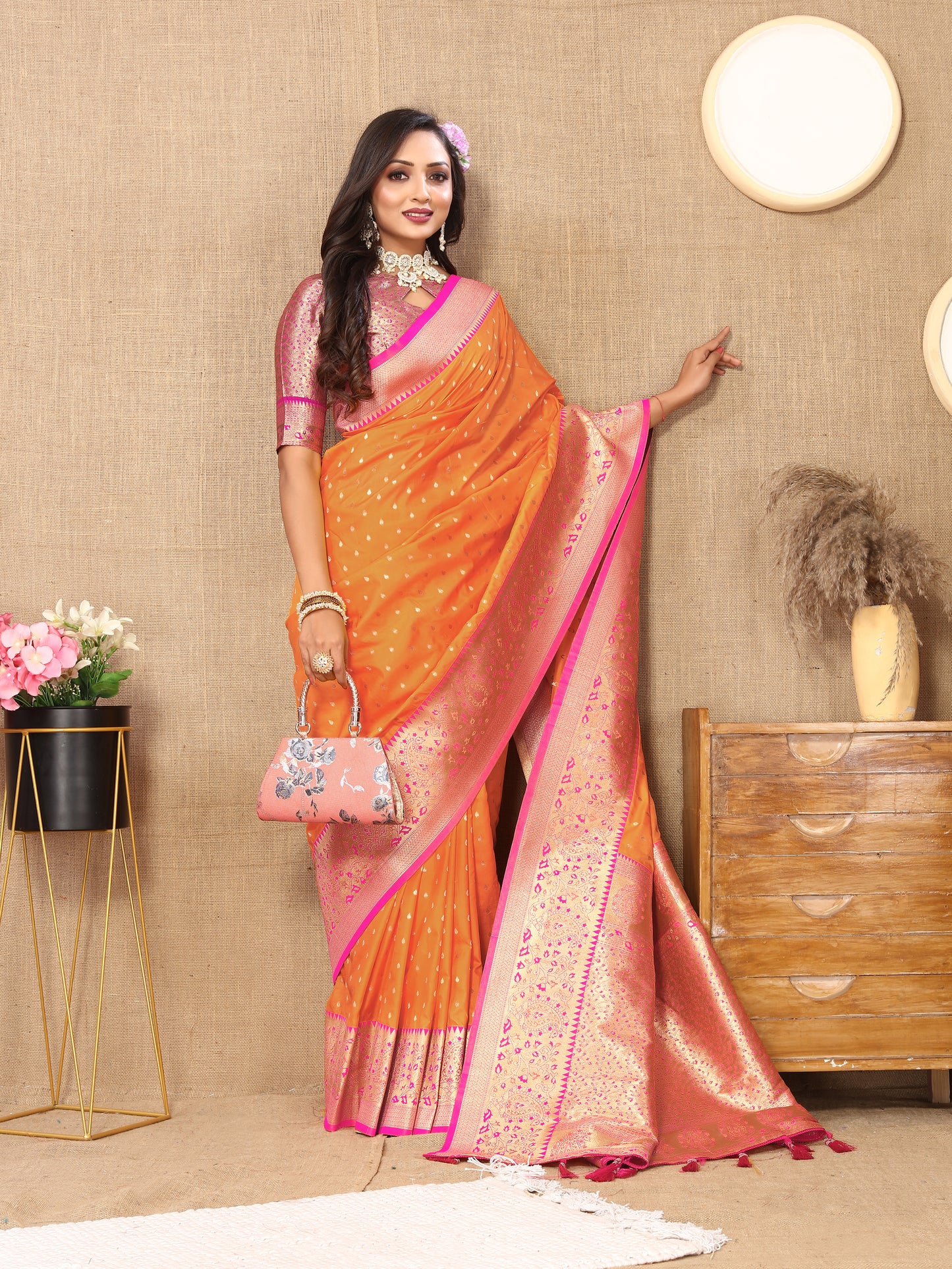 Orange Soft Silk Zari Motifs Saree With Brocade Blouse Piece