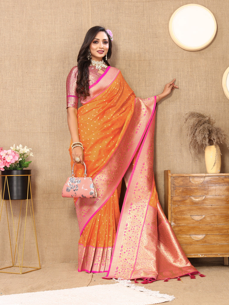 Orange Soft Silk Zari Motifs Saree With Brocade Blouse Piece