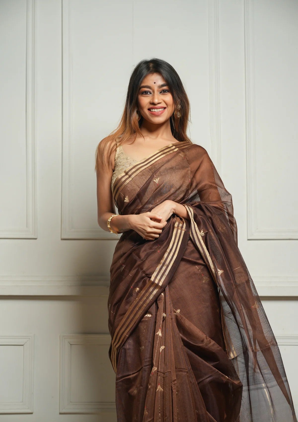 Brown Rich Pure Linen Cotton Silk Saree With Blouse Piece