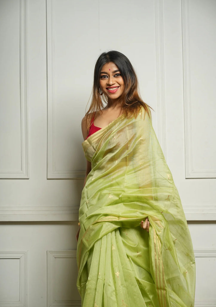 Pista Rich Pure Linen Cotton Silk Saree With Blouse Piece