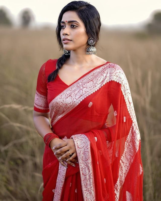 Red Soft Cotton Silk Saree With Blouse Piece