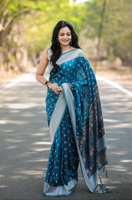 Sky Blue Soft Cotton Silk Saree With Blouse Piece
