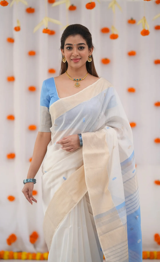 Cream X Sky Pure Linen Cotton Silk Saree With Blouse Piece