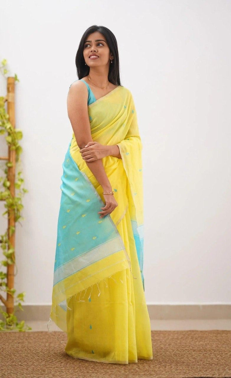 Yellow Sky Pure Linen Cotton Silk Saree With Blouse Piece