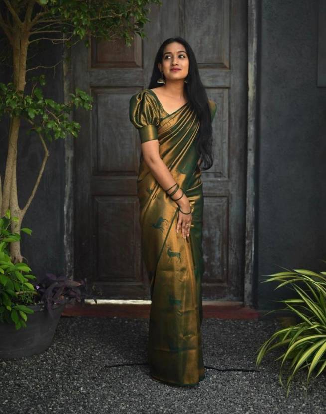 Kuberapattu Dark Green Haran Print Kanjivaram Silk Jacquard Saree