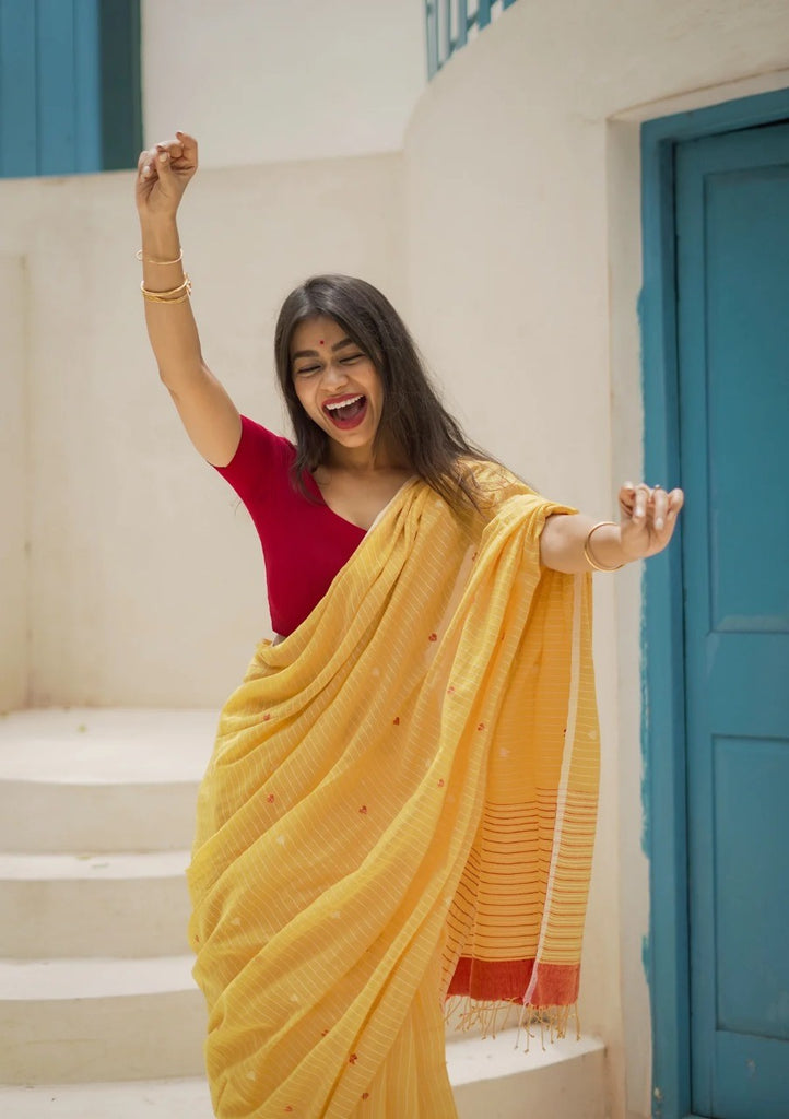 Yellow Soft Cotton Silk Saree With Blouse Piece