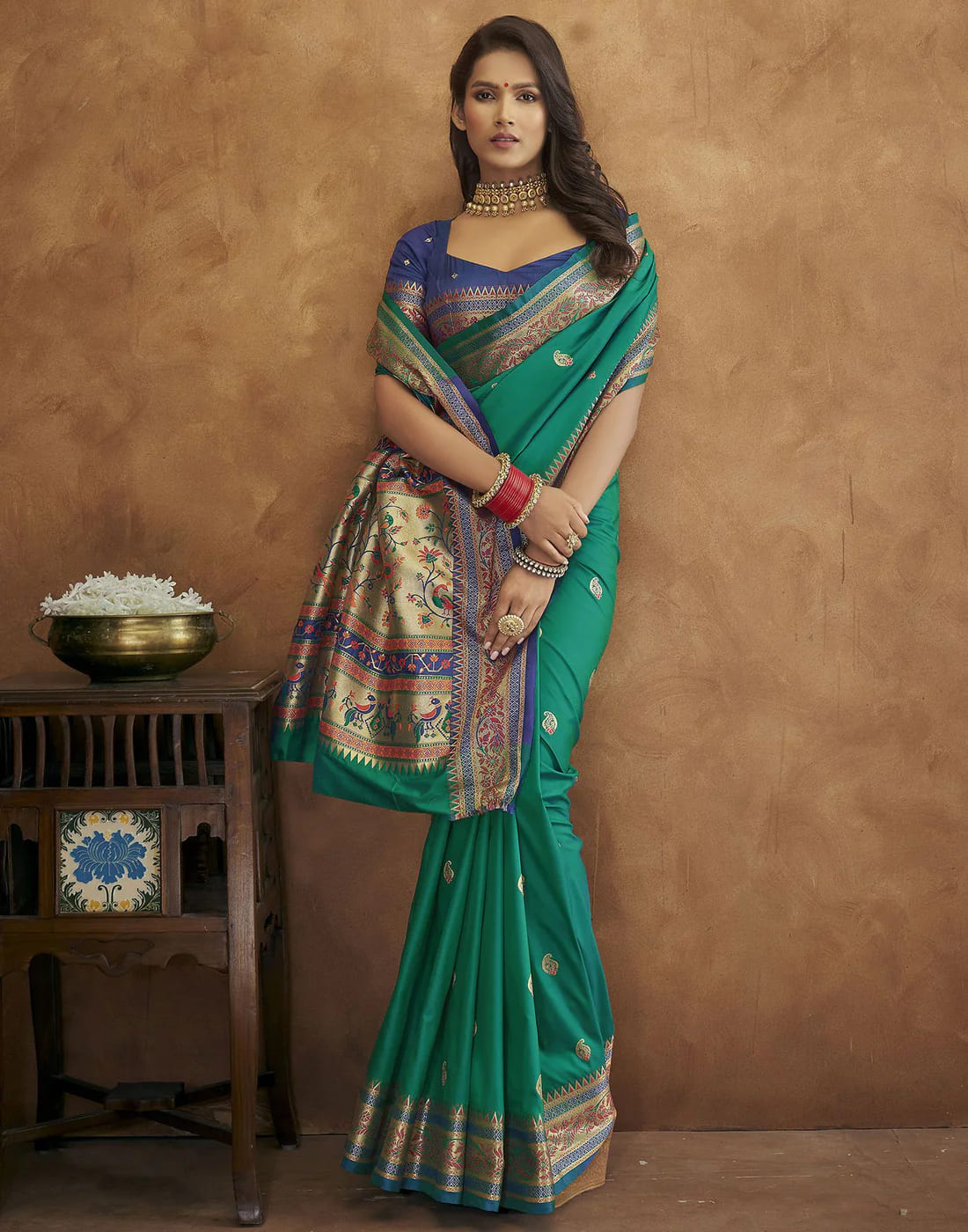 Green Tassel Touch Meenakari Pethani Saree With Blouse Piece