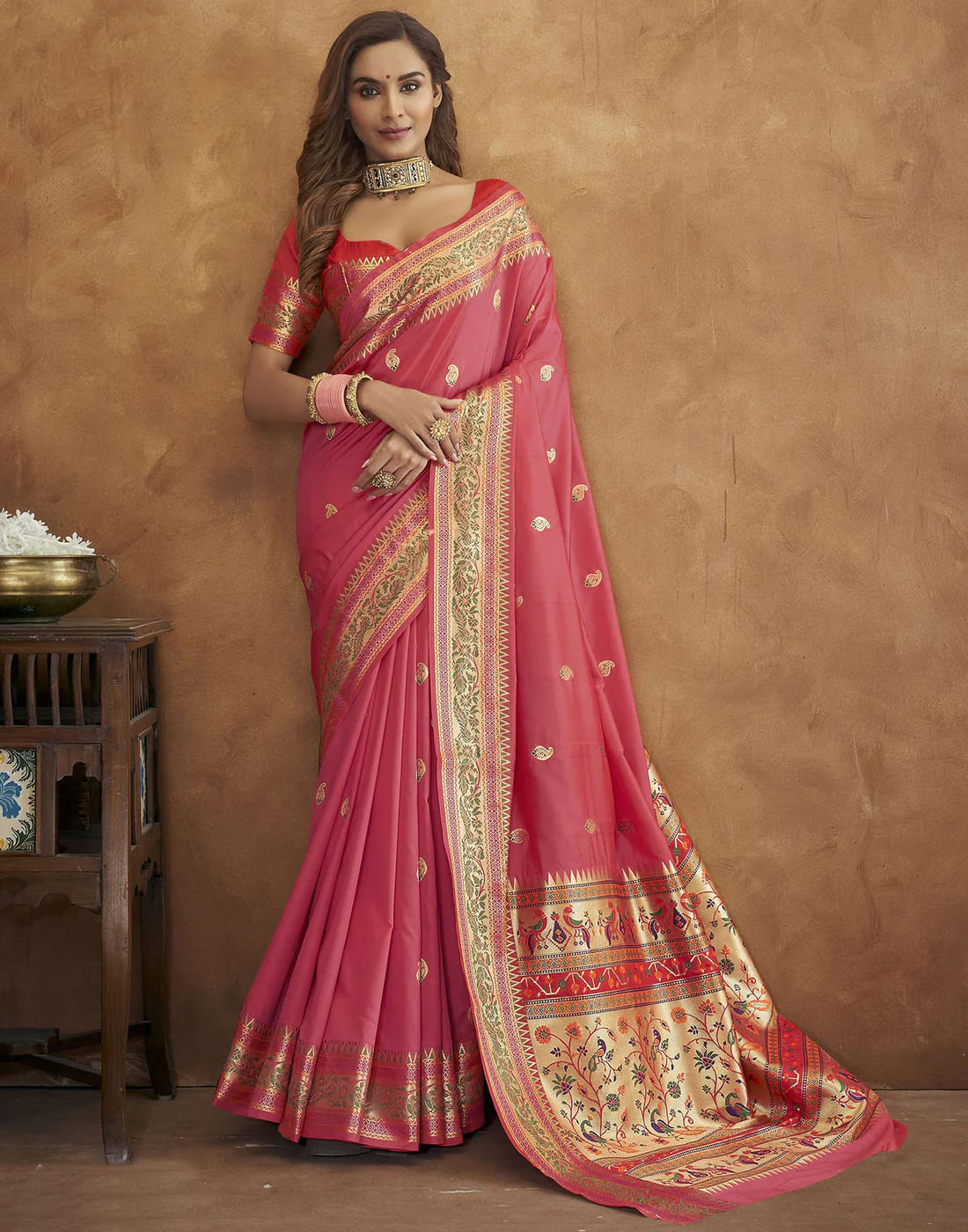 Pink Tassel Touch Meenakari Pethani Saree With Blouse Piece