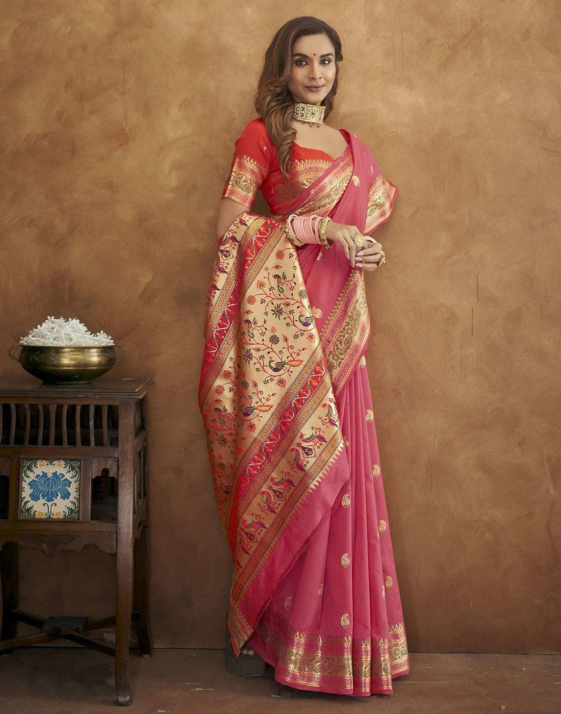 Pink Tassel Touch Meenakari Pethani Saree With Blouse Piece