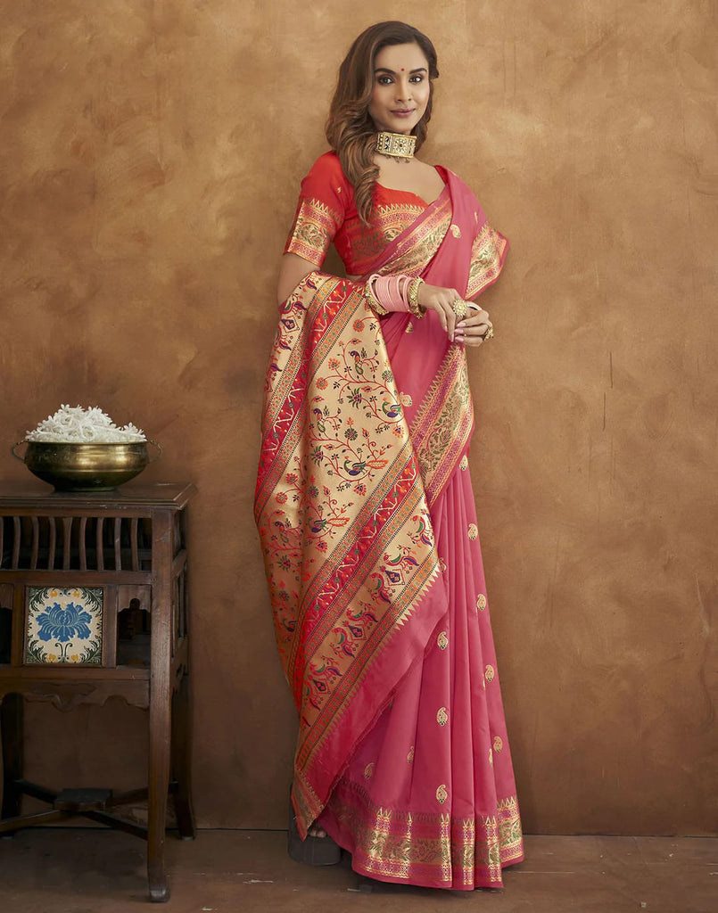 Pink Tassel Touch Meenakari Pethani Saree With Blouse Piece