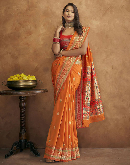 Orange Tassel Touch Meenakari Pethani Saree With Blouse Piece